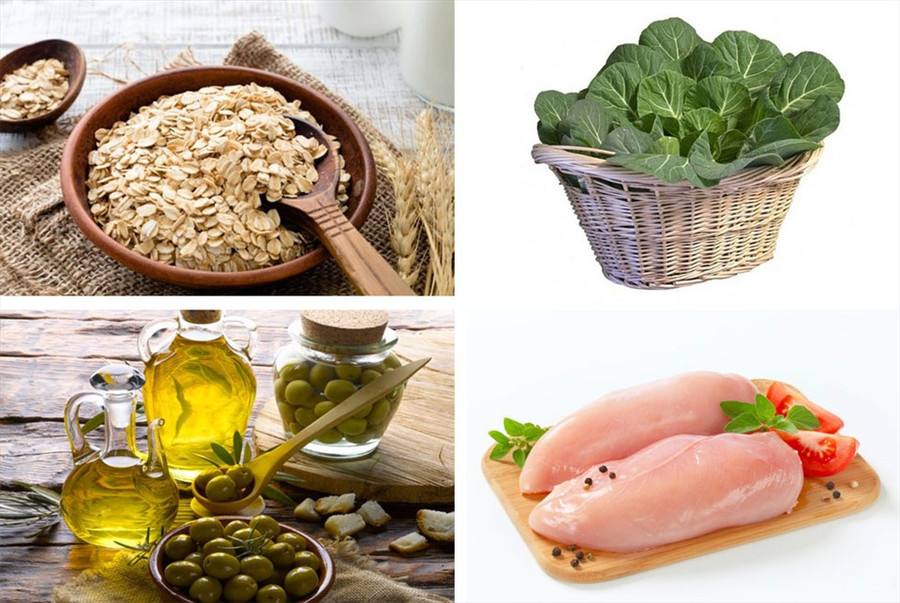 Chất xơ, các loại thịt trắng, ngũ cốc, dầu ôliu,... là những thực phẩm rất tốt cho người mỡ máu cao. Đồ họa: Kim Nhung