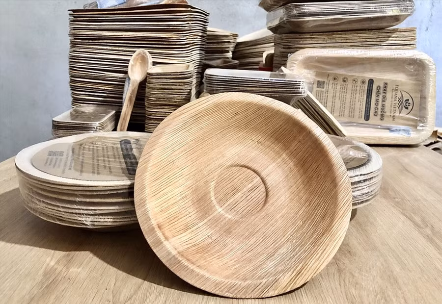 Hiện, các sản phẩm của Tịnh rất đa dạng với 10 mẫu gồm: khay, dĩa, muỗng… với các kích thước khác nhau. Tịnh cũng đang vận hành làm tô từ mo cau. Trong tương lai, anh dự định sản xuất thêm nhiều sản phẩm nữa để đa dạng khách hàng. Ảnh: S.T