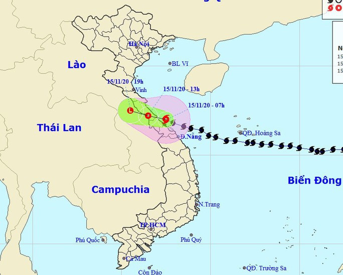 Dự báo vị trí và hướng di chuyển của bão số 13 - Nguồn: Trung tâm Dự báo khí tượng thủy văn quốc gia Dự báo vị trí và hướng di chuyển của bão số 13 - Nguồn: Trung tâm Dự báo khí tượng thủy văn quốc gia