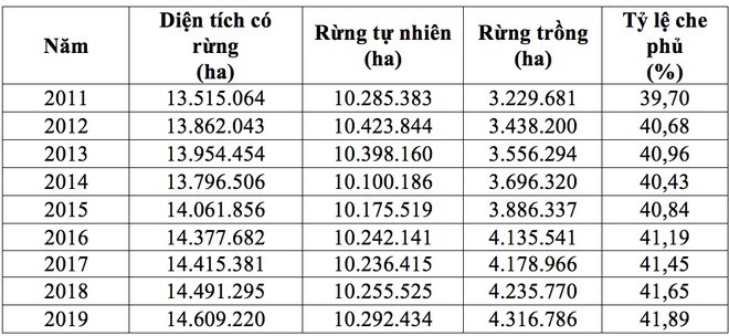 Theo đó, từ năm 2011 - 2019, diện tích rừng tăng hơn 1 triệu đồng, từ hơn 13,5 triệu ha năm 2011 lên hơn 14,6 triệu ha vào năm 2019, trung bình mỗi năm tăng 121.684 ha rừng. Theo đó, từ năm 2011 - 2019, diện tích rừng tăng hơn 1 triệu đồng, từ hơn 13,5 triệu ha năm 2011 lên hơn 14,6 triệu ha vào năm 2019, trung bình mỗi năm tăng 121.684 ha rừng.