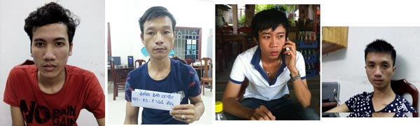 Từ trái qua, các đối tượng Trương Hoàng Trung, Đặng Bảo Luyện, Huỳnh Hà Ngọc Sơn và Nguyễn Hồng Long Khánh tại cơ quan điều tra. Từ trái qua, các đối tượng Trương Hoàng Trung, Đặng Bảo Luyện, Huỳnh Hà Ngọc Sơn và Nguyễn Hồng Long Khánh tại cơ quan điều tra.