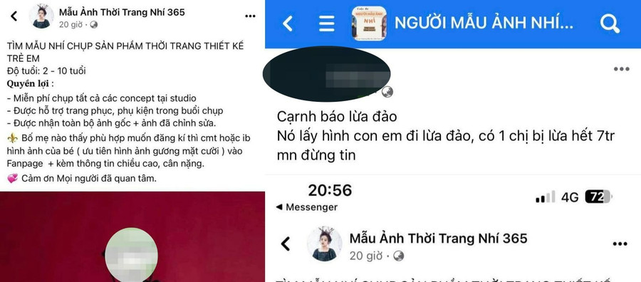 Các nghi can lấy hình con gái chị M.T đăng bài lừa đảo (hình bên trái) và bị chị M.T phát hiện, đăng bài vạch trần. Ảnh: Nạn nhân cung cấp