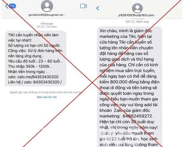 Tin nhắn lừa đảo tuyển cộng tác viên cho sàn giao dịch điện tử. (Nguồn: VNCERT/CC)