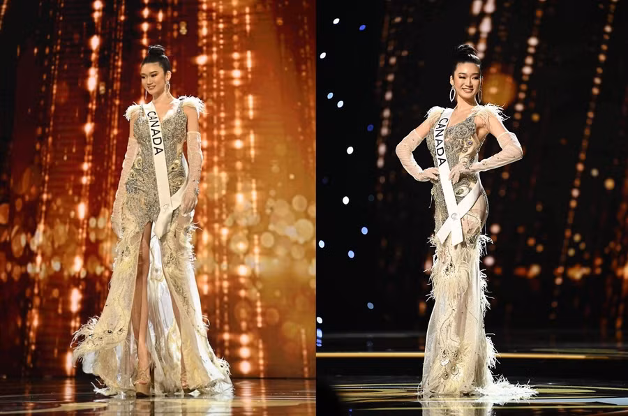 Amelia Tu tỏa sáng tại đêm bán kết Miss Universe vừa qua với chiếc váy của hai nhà thiết kế Việt. Ảnh: MISS UNIVERSE CANADA