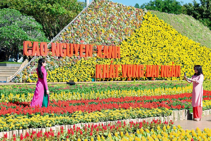 Sắc hoa rực rỡ khiến không gian nơi Quảng trường Đại Đoàn Kết ngập tràn hơi thở mùa xuân.