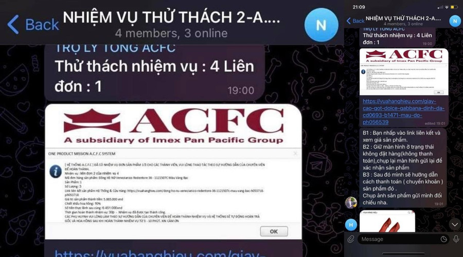 Các nghi can gửi đường link rồi yêu cầu nạn nhân thực hiện nhiệm vụ. Ảnh: Nạn nhân cung cấp