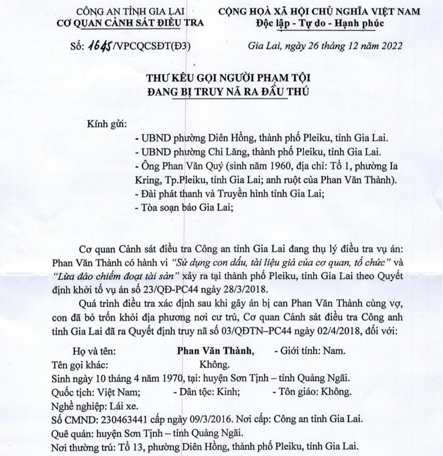 Công an tỉnh Gia Lai kêu gọi người phạm tội đang bị truy nã ra đầu thú ảnh 1 Công an tỉnh Gia Lai kêu gọi người phạm tội đang bị truy nã ra đầu thú