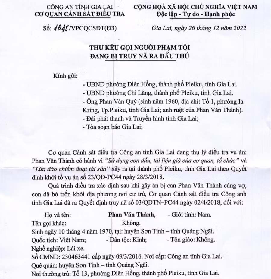 Công an tỉnh Gia Lai kêu gọi người phạm tội đang bị truy nã ra đầu thú