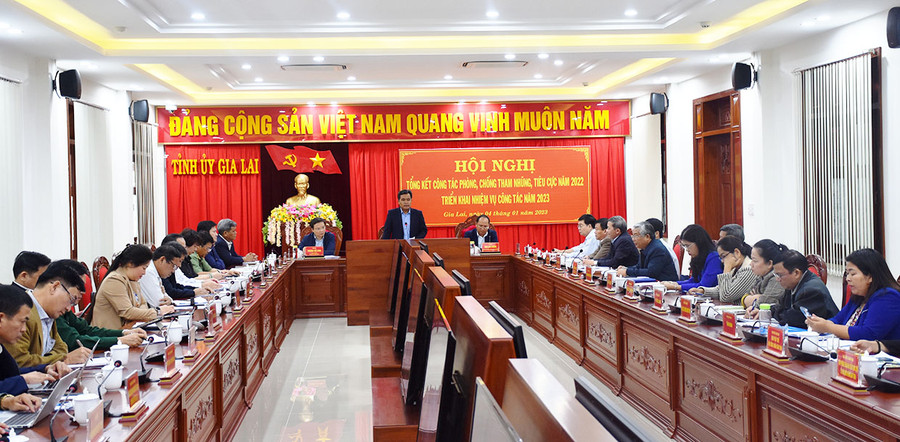 Quang cảnh hội nghị tổng kết công tác phòng-chống tham nhũng, tiêu cực năm 2022 và triển khai nhiệm vụ năm 2023. Ảnh: Vĩnh Hoàng Quang cảnh hội nghị tổng kết công tác phòng-chống tham nhũng, tiêu cực năm 2022 và triển khai nhiệm vụ năm 2023. Ảnh: V.H