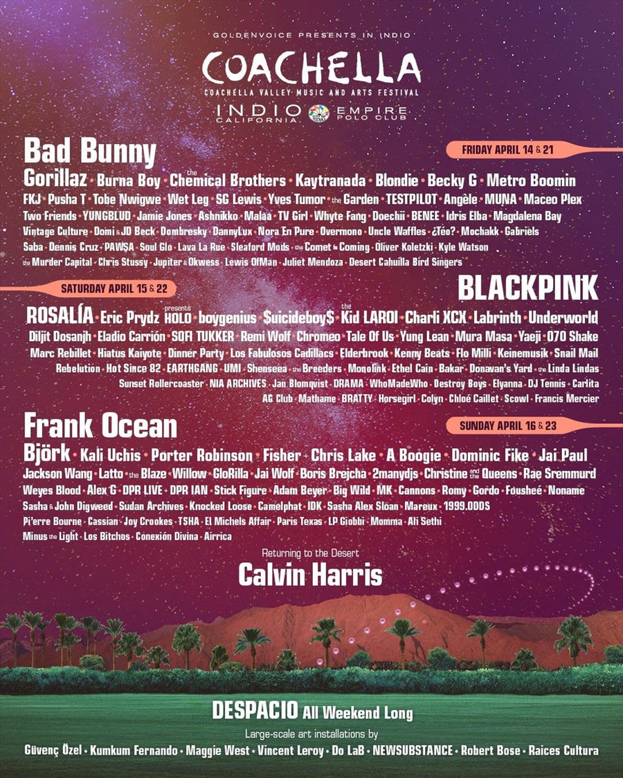 Dàn nghệ sĩ biểu diễn tại Coachella 2023. Ảnh: Ban tổ chức  Dàn nghệ sĩ biểu diễn tại Coachella 2023. Ảnh: Ban tổ chức