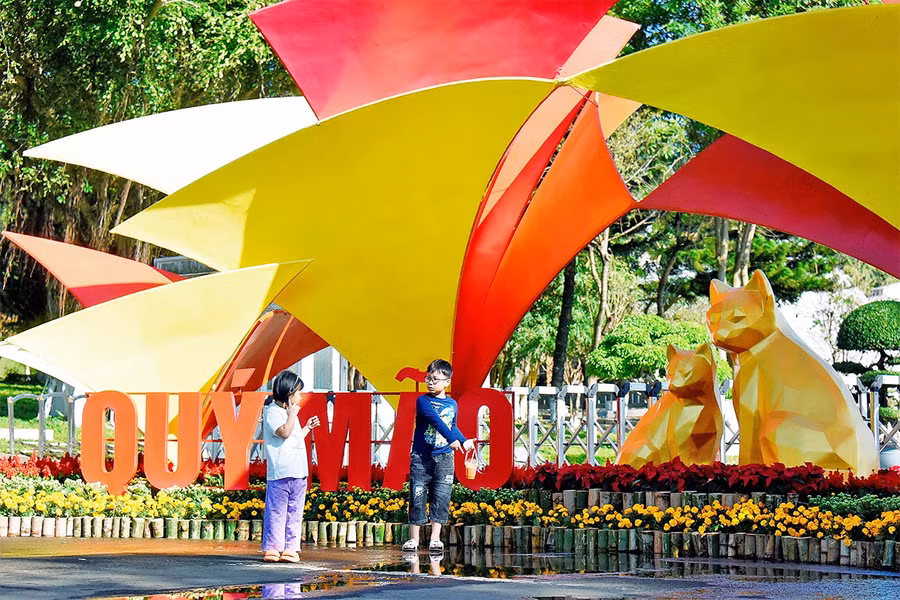 Đường hoa Xuân tại Quảng trường Đại Đoàn Kết thu hút người dân và du khách tham quan thưởng lãm.