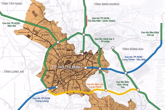 Sơ đồ các tuyến cao tốc kết nối TP.HCM với các tỉnh thành trong vùng kinh tế trọng điểm phía Nam. Ảnh: TL