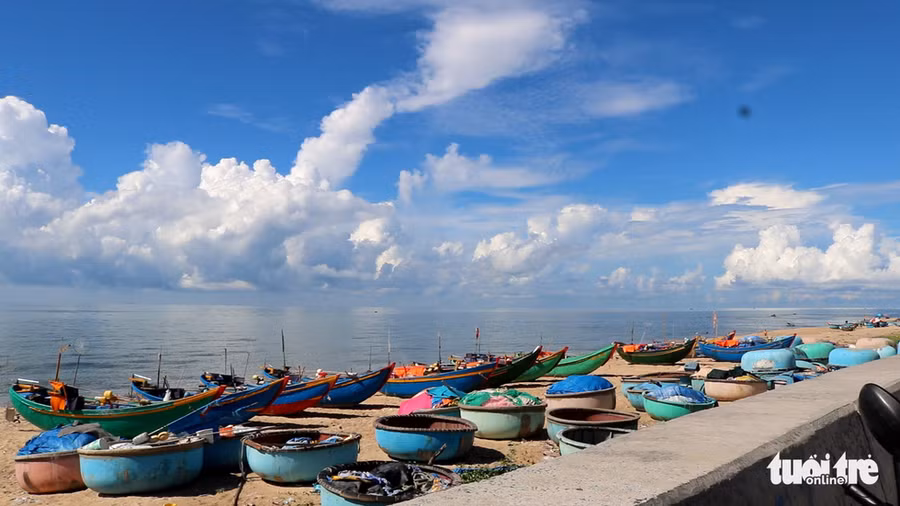 Nhiều thuyền thúng của ngư dân được neo đậu trên bờ cát ở làng chài Phước Hải - Ảnh: THANH NGÂN