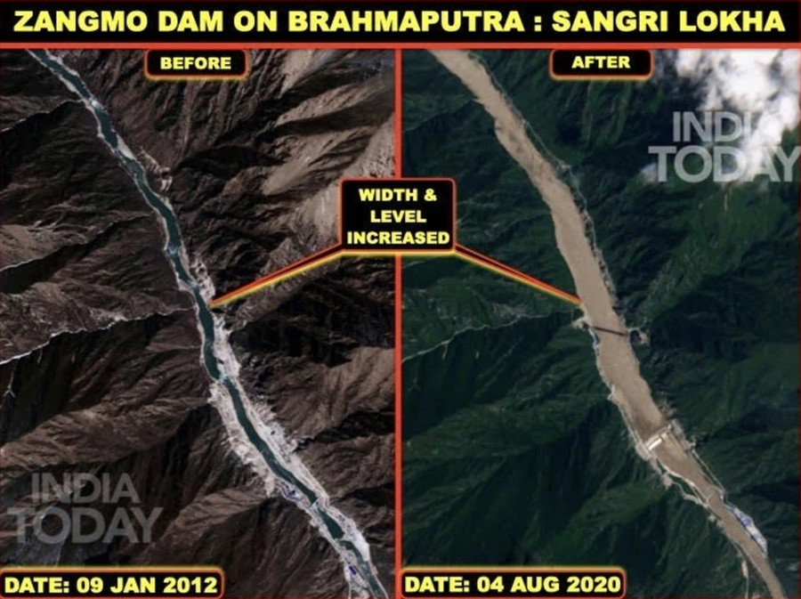 Ảnh vệ tinh cho thấy đập Zangmo trên sông Brahmaputra thay đổi về độ rộng và mực nước vào ngày 9.1.2012 (trái) và ngày 4.8.2020 (phải). Ảnh: India Today