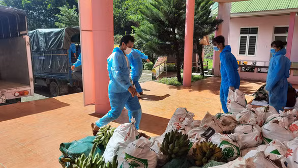 Đội xe khoảng chục chiếc từ Đà Nẵng chuyển thực phẩm về thành phố - Ảnh: TRẦN NGUYỄN VỸ