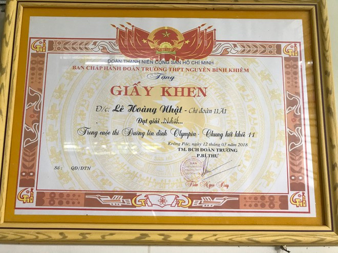 Giấy khen của Nhật đat giải nhất cuộc thi cấp trường Đường lên đỉnh Olympia ẢNH: NVCC