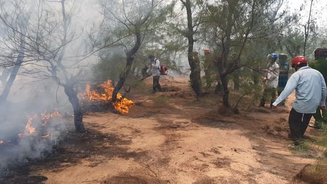 Lực lượng chức năng đang khẩn trương dập lửa ở rừng dương thuộc phường Hòa Hiệp Bắc, TX.Đông Hòa ẢNH: ĐỨC HUY