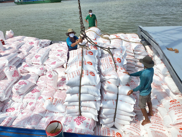  Gạo được chuyển lên tàu ở miền Tây chuẩn bị đem đi xuất khẩu - Ảnh: B.ĐẤU