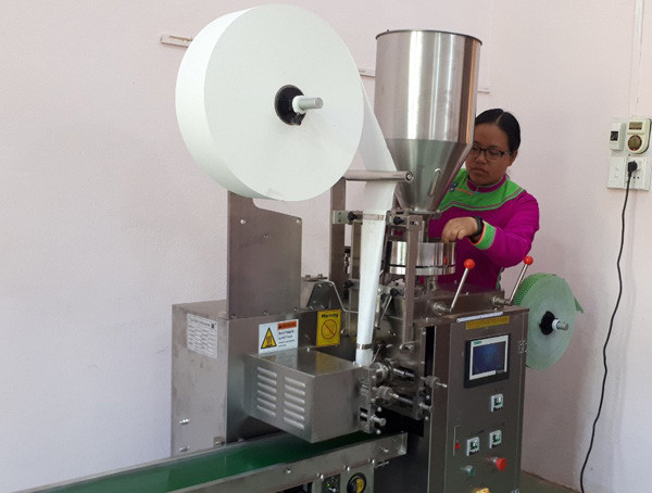 Chị Nhung kiểm tra dây chuyền sản xuất chè túi lọc.