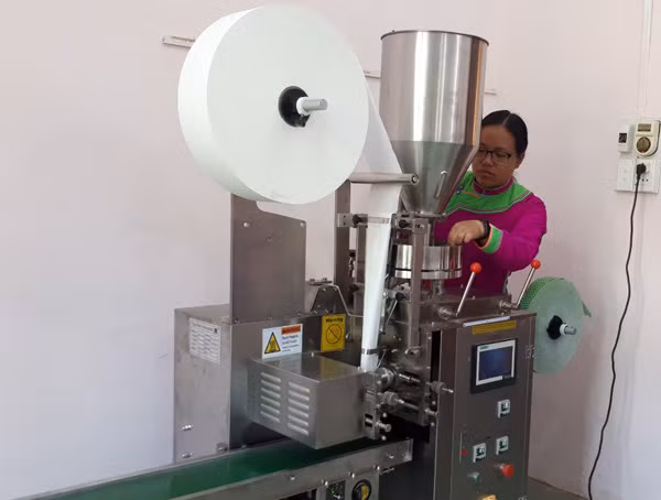 Chị Nhung kiểm tra dây chuyền sản xuất chè túi lọc.