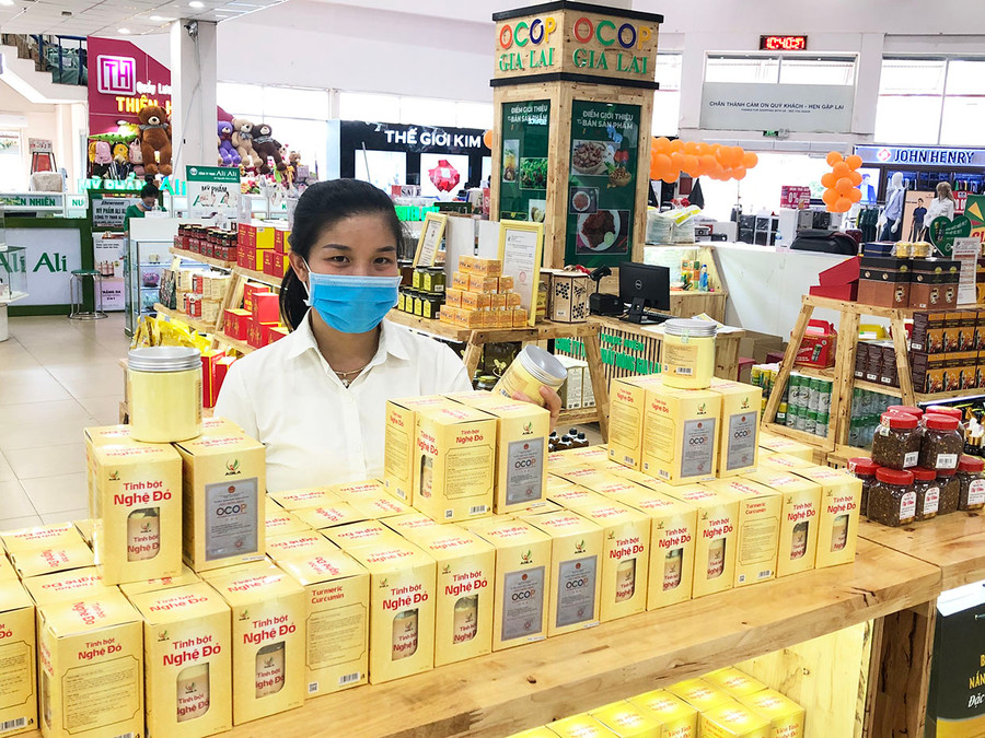  Các sản phẩm viên tinh nghệ đỏ, tinh bột nghệ đỏ AGILA của Công ty TNHH Nhất Nông Gia Lai (huyện Chư Pưh) được bày bán tại Siêu thị Co.op Mart Pleiku. Ảnh: L.N