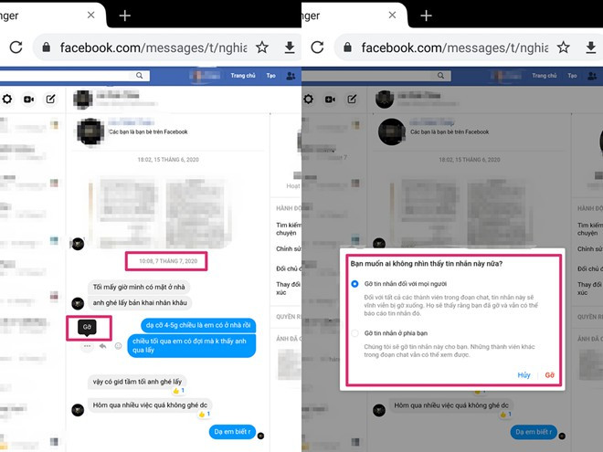Với những thao tác tương tự như trước đây, giờ đây, người dùng Facebook đã có thể gỡ tin nhắn được gửi đi từ mọi thời điểm ẢNH CHỤP MÀN HÌNH