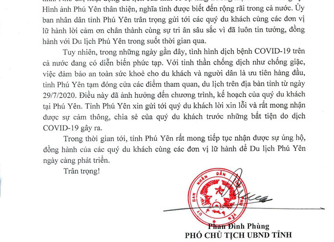 Thư xin lỗi của tỉnh Phú Yên gửi đến du khách