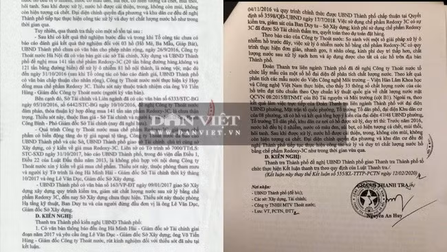 15 ngày sau khi kết luận 555 được ban hành, Thanh tra TP.Hà Nội đã ban hành văn bản số 794, thay thế kết luận 555. Ở kết luận sau này, các thông tin về thiếu sót của ông Võ Tiến Hùng cùng một số đơn vị liên quan đã không còn. (Ảnh chụp phần kết luận sai phạm của kết luận số 555 (bên trái), và đoạn cuối phần kết luận số 794 (bên phải)).