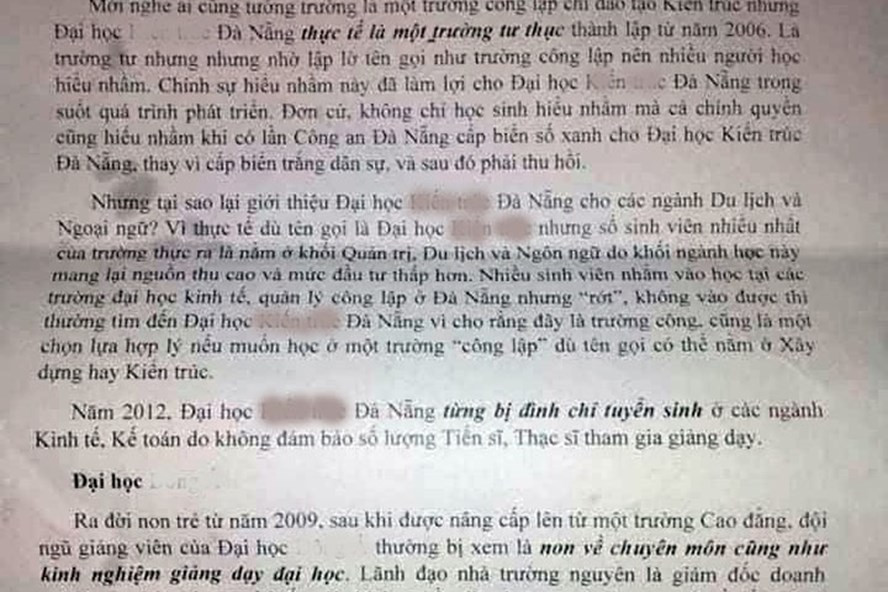 Một đoạn nội dung dèm pha các trường đại học cùng ngành học, trong lá thư gửi đến giáo viên chủ nhiệm và phụ huynh học sinh các trường PTTH ở Miền Trung. Ảnh TL.