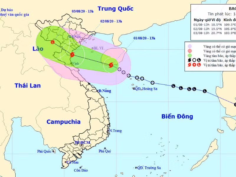 Vị trí và hướng di chuyển của bão số 2. (Nguồn: nchmf.gov.vn)