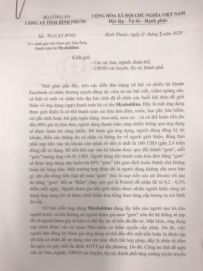 Văn bản Công an tỉnh Bình Phước khuyến cáo người dân cảnh giác khi tham gia ứng dụng Myaladdinz