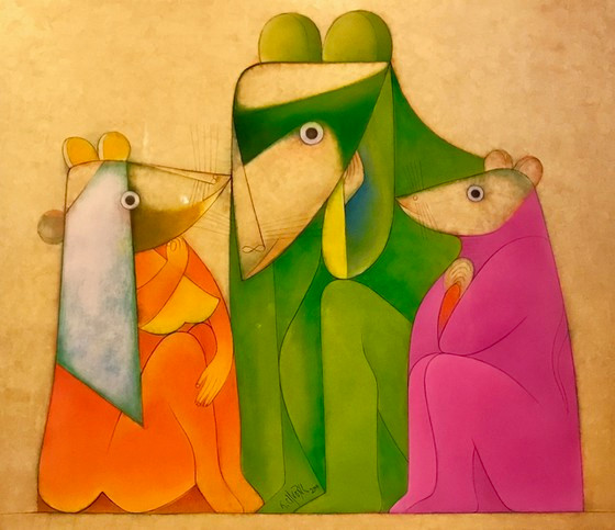 Gia đình nhà chuột - Tranh sơn mài - họa sĩ Thành Chương