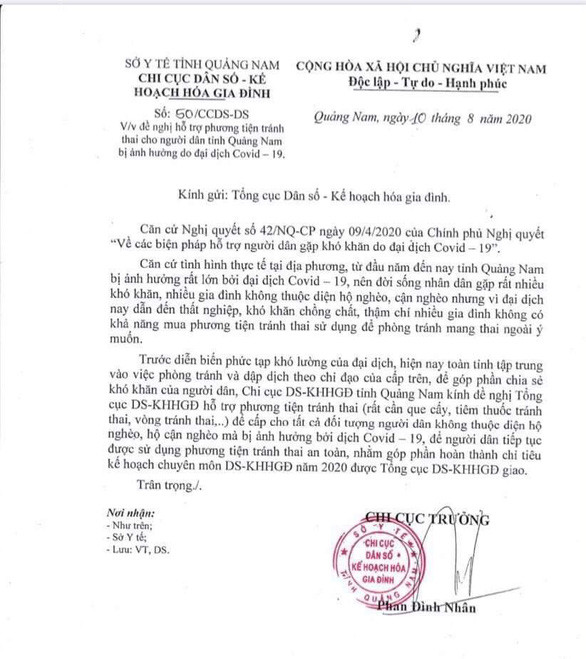 Văn bản của Chi cục dân số kế hoạch hóa gia đình Quảng Nam gửi Tổng cục - Ảnh: M.T