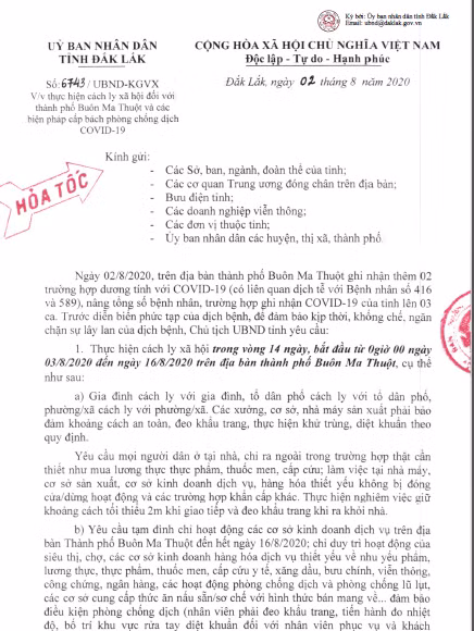 Công văn hỏa tốc của UBND tỉnh Đắk Lắk
