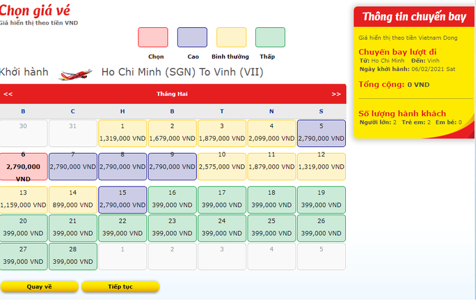 Giá vé Tết của Vietjet chặng TP HCM - TP Vinh (Nghệ An). Ảnh chụp màn hình Giá vé Tết của Vietjet chặng TP HCM - TP Vinh (Nghệ An). Ảnh chụp màn hình