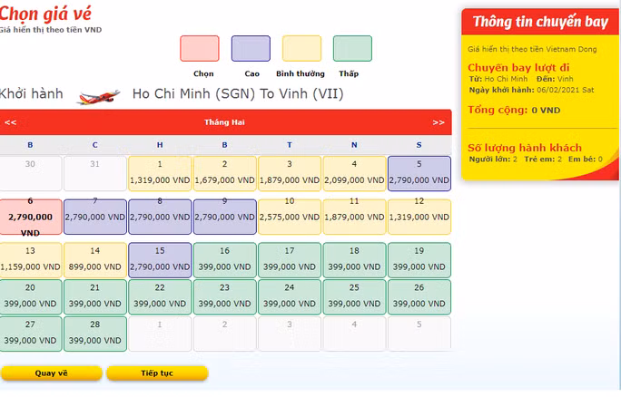 Giá vé Tết của Vietjet chặng TP HCM - TP Vinh (Nghệ An). Ảnh chụp màn hình