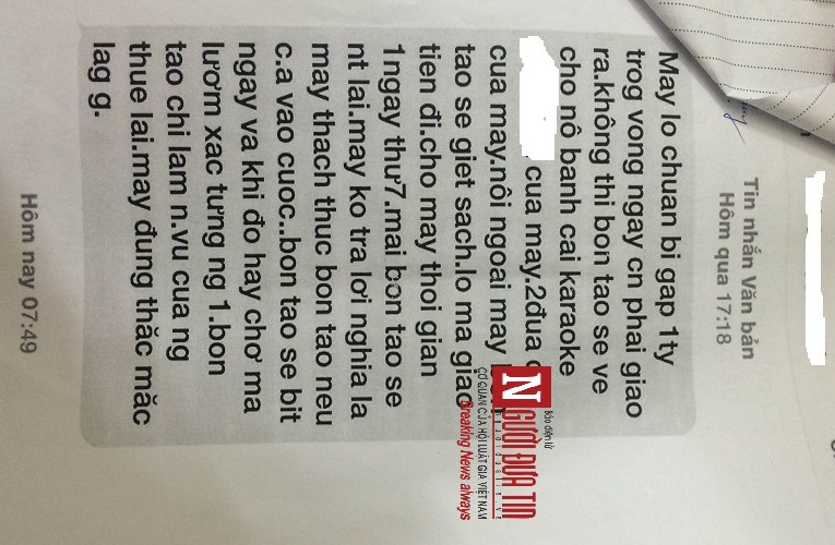 Một tin nhắn đầy đe dọa, khủng bố mà Sỹ nhắn vào số điện thoại nạn nhân.