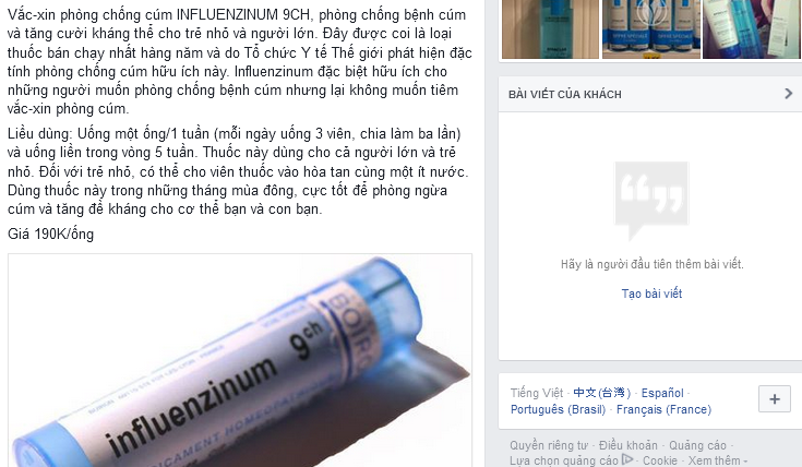 Một tài khoản facebook quảng cáo thuốc Influenzinum 9CH như một dạng "vắc xin khô" thần kỳ Một tài khoản facebook quảng cáo thuốc Influenzinum 9CH như một dạng