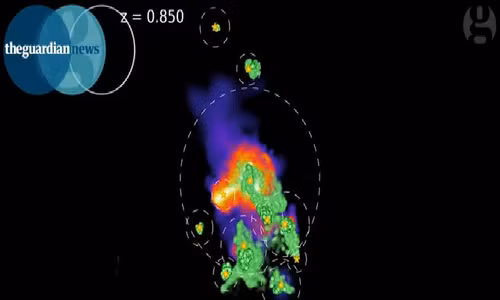 Mô hình các khối khí xanh lá di chuyển từ thiên hà vệ tinh vào thiên hà lớn ở trung tâm.