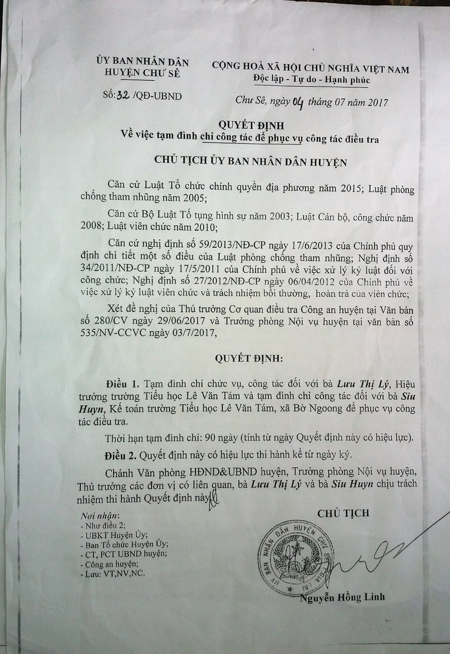 Quyết định đình chỉ chức vụ, công tác phục vụ điều tra. Quyết định đình chỉ chức vụ, công tác phục vụ điều tra.