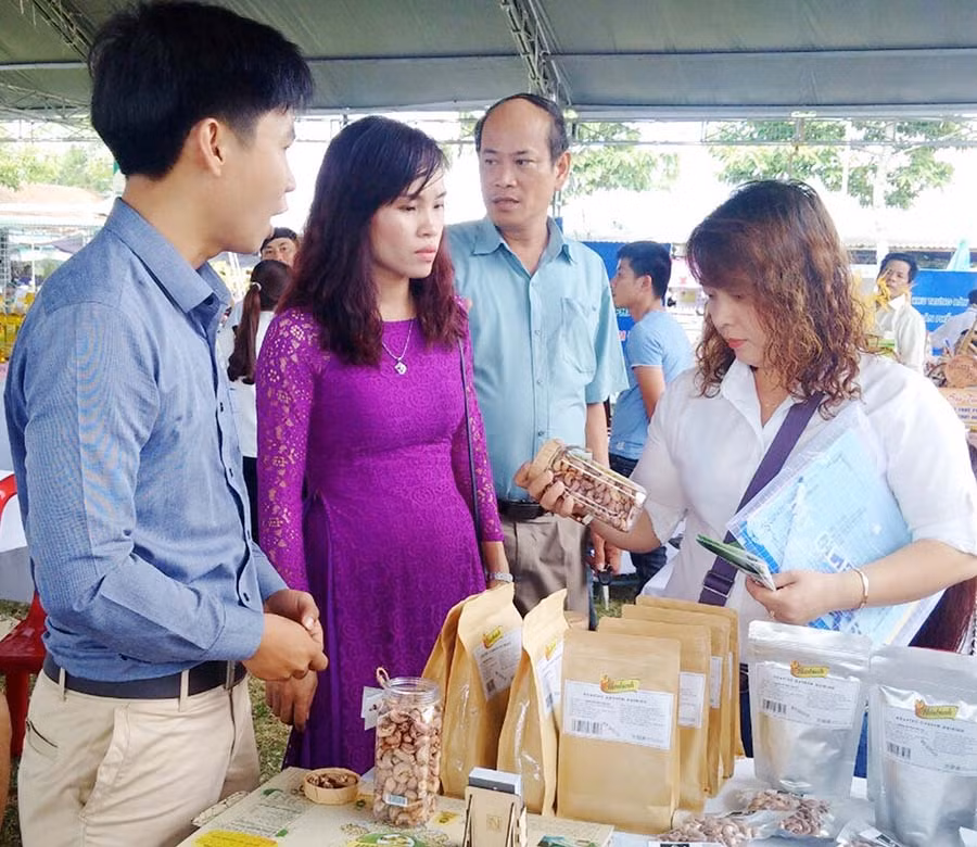 Sản phẩm hạt điều rang củi Hải Bình tham gia trưng bày tại hội nghị. Ảnh: L.L