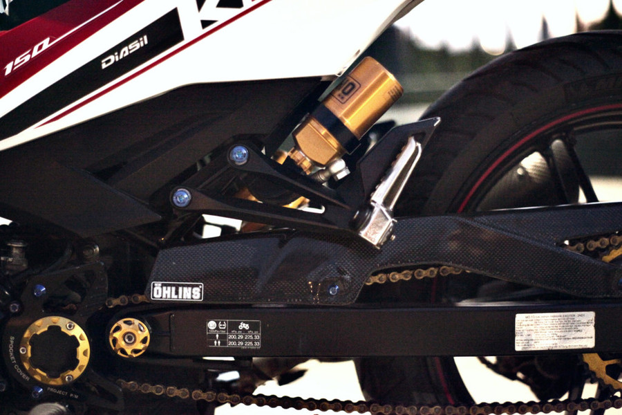 Phuộc sau Ohlins, dè che sên carbon, chụp cốt che lỗ tăng sên Biker là một số món đồ chơi đáng chú ý ở dàn chân sau.