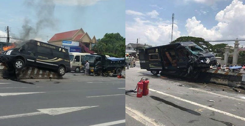 Xe limousine bốc cháy trên dải phân cách.