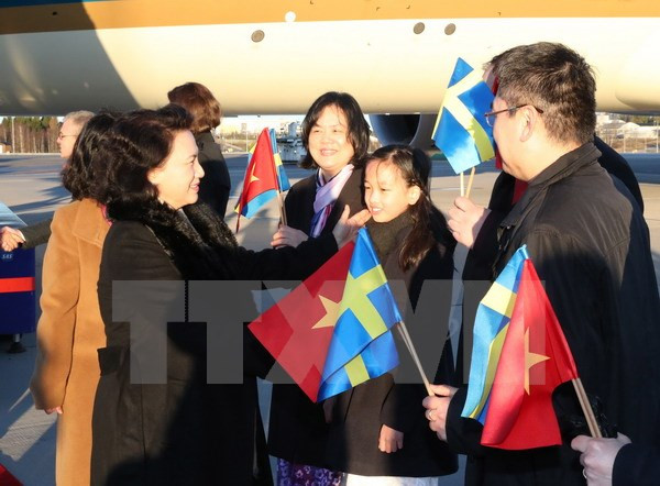 Quang cảnh Lễ đón Chủ tịch Quốc hội Nguyễn Thị Kim Ngân tại sân bay Arlanda. (Ảnh: Trọng Đức/TTXVN)