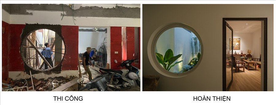  Ô cửa sổ tròn và tường vôi trắng, gạch hoa gió màu ghi được gia chủ học tập theo phong cách viên lâm Tô Châu - Trung Quốc.