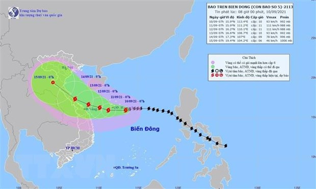 Bản đồ đường đi của bão số 5. (Ảnh: TTXVN phát)