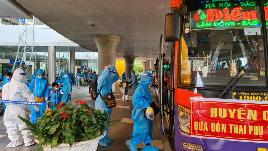 Xe đón các thai phụ và người thân từ sân bay Liên Khương về H.Cát Tiên trưa 4.9. Ảnh: Lâm Viên