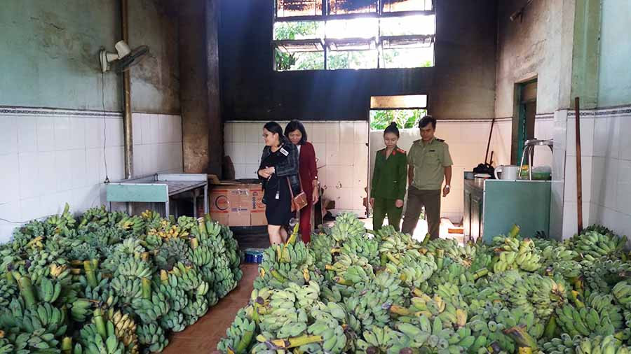 Đoàn liên ngành kiểm tra an toàn thực phẩm tại cơ sở sản xuất chuối sấy Kim Liên-đường Nay Der, TP. Pleiku (ảnh chụp trước tháng 4-2021). Ảnh: Như Nguyện