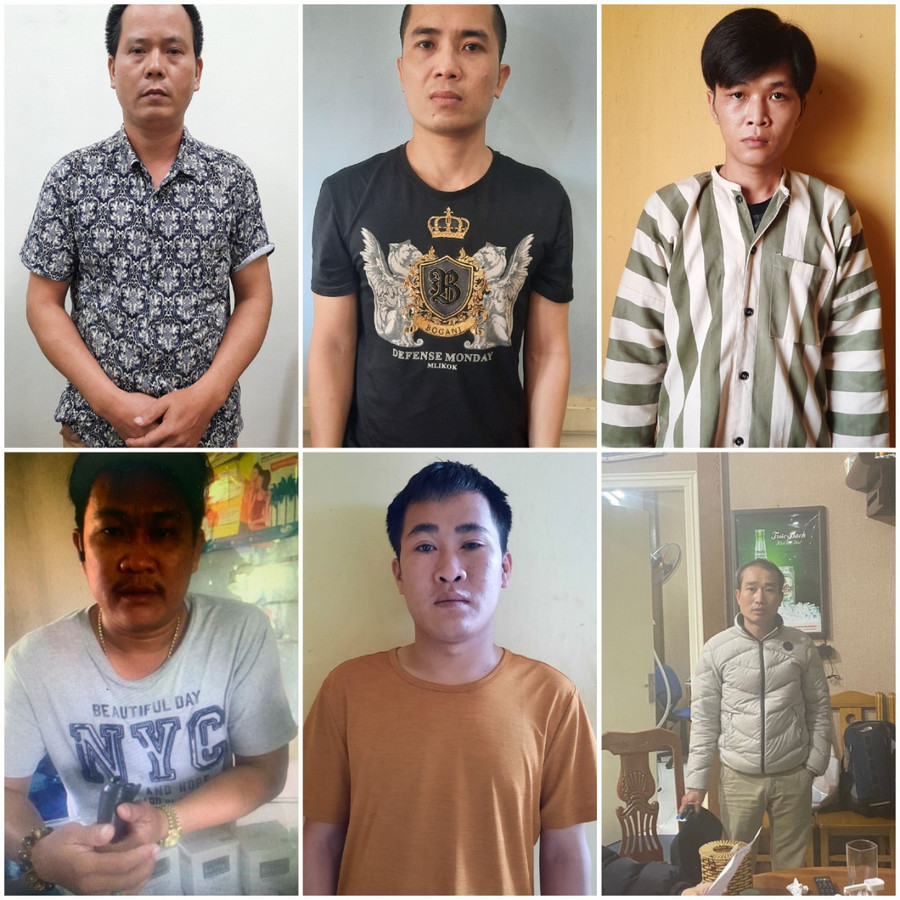 Các đối tượng (từ trên xuống và từ trái qua): Khuất Duy Nghĩa, Trần Văn Tùng, Lục Văn Quang, Hà Hữu Nhân, Lương Xuân Trình và Nguyễn Văn Nam. Ảnh Công an tỉnh Gia Lai Trên xuống từ trái qua Khuất Duy Nghĩa, Trần Văn Tùng, Lục Văn Quang, Hà Hữu Nhân, Lương Xuân Trình và Nguyễn Văn Nam (ảnh Công an tỉnh Gia Lai)