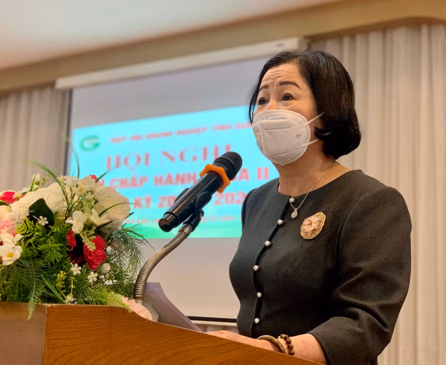 Bà Nguyễn Thị Sen-Chủ tịch Hiệp hội Doanh nghiệp tỉnh phát biểu khai mạc tại Hội nghị. Ảnh: Hà Duy